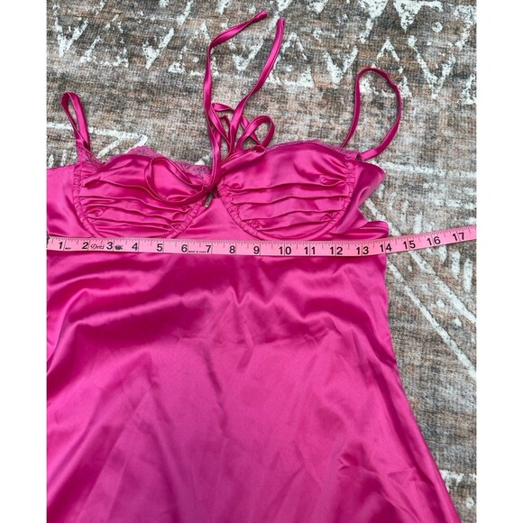 Hot Pink Satin Lace Slip Mini Dress NWT Size Small Ruched Spaghetti Strap Party - Picture 12 of 16